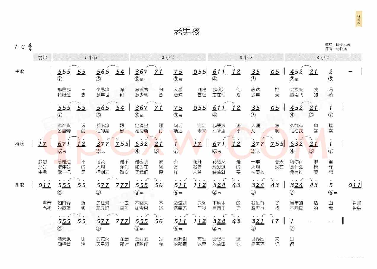 老男孩（简和谱）