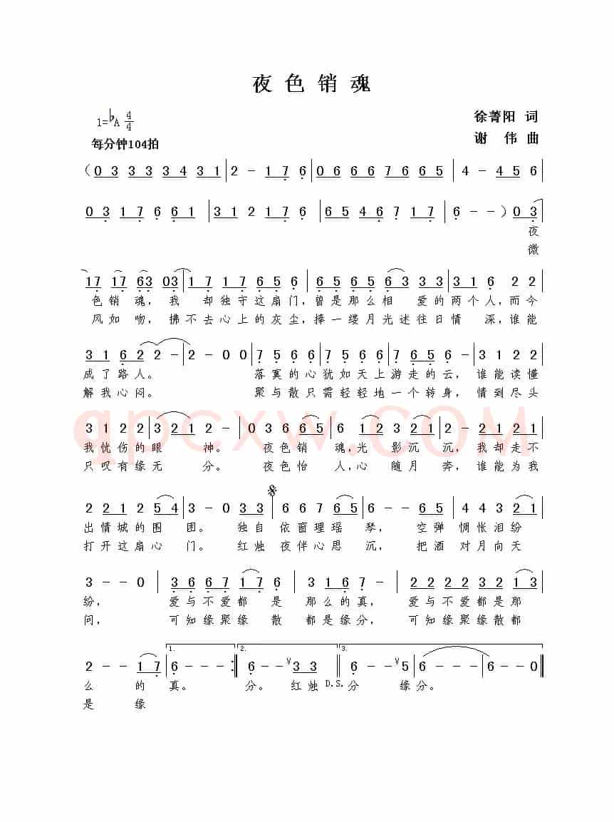 夜色销魂（徐菁阳词  谢伟曲）