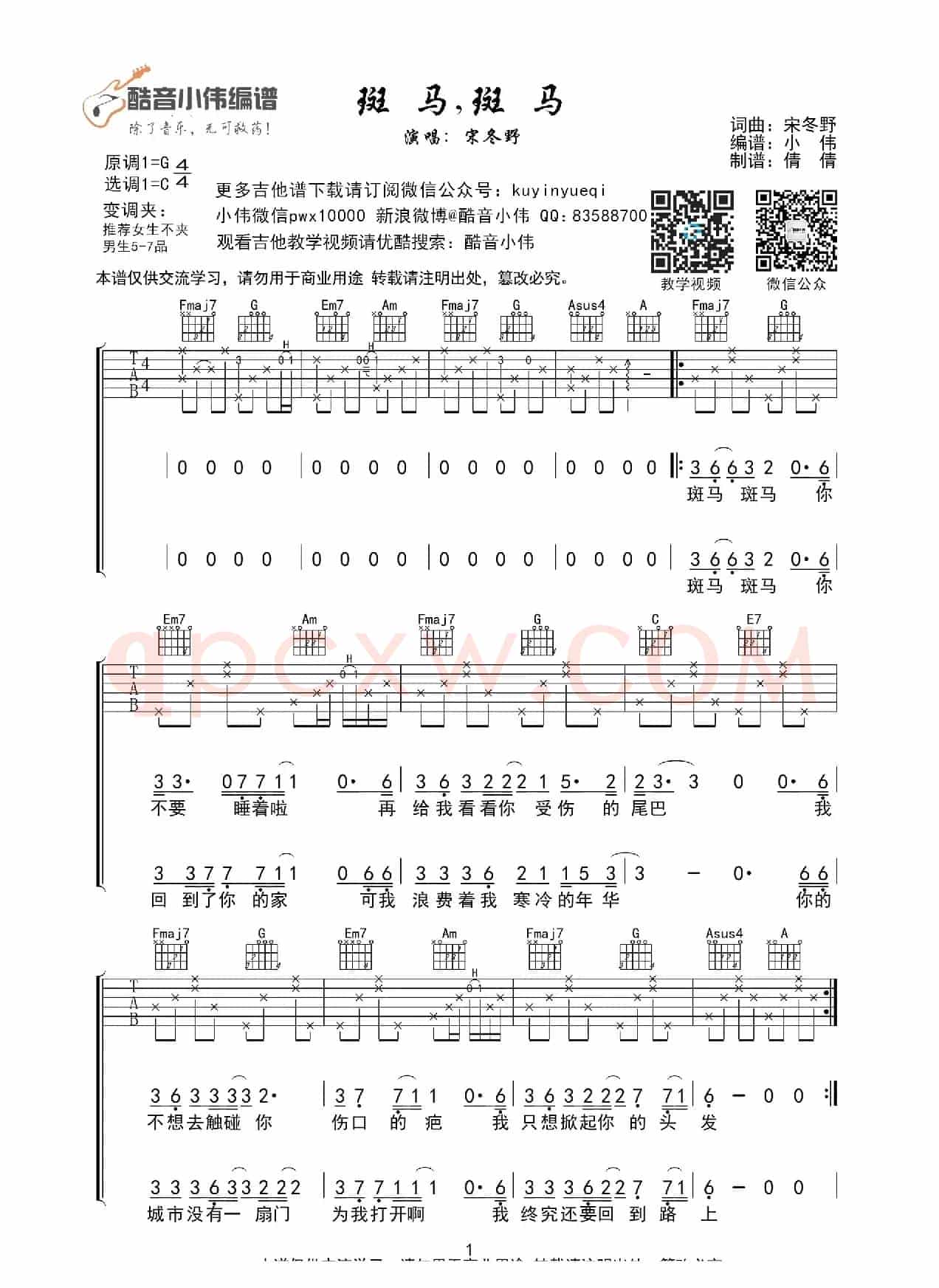 斑马斑马（C调带前奏间奏吉他谱、酷音小伟编谱）