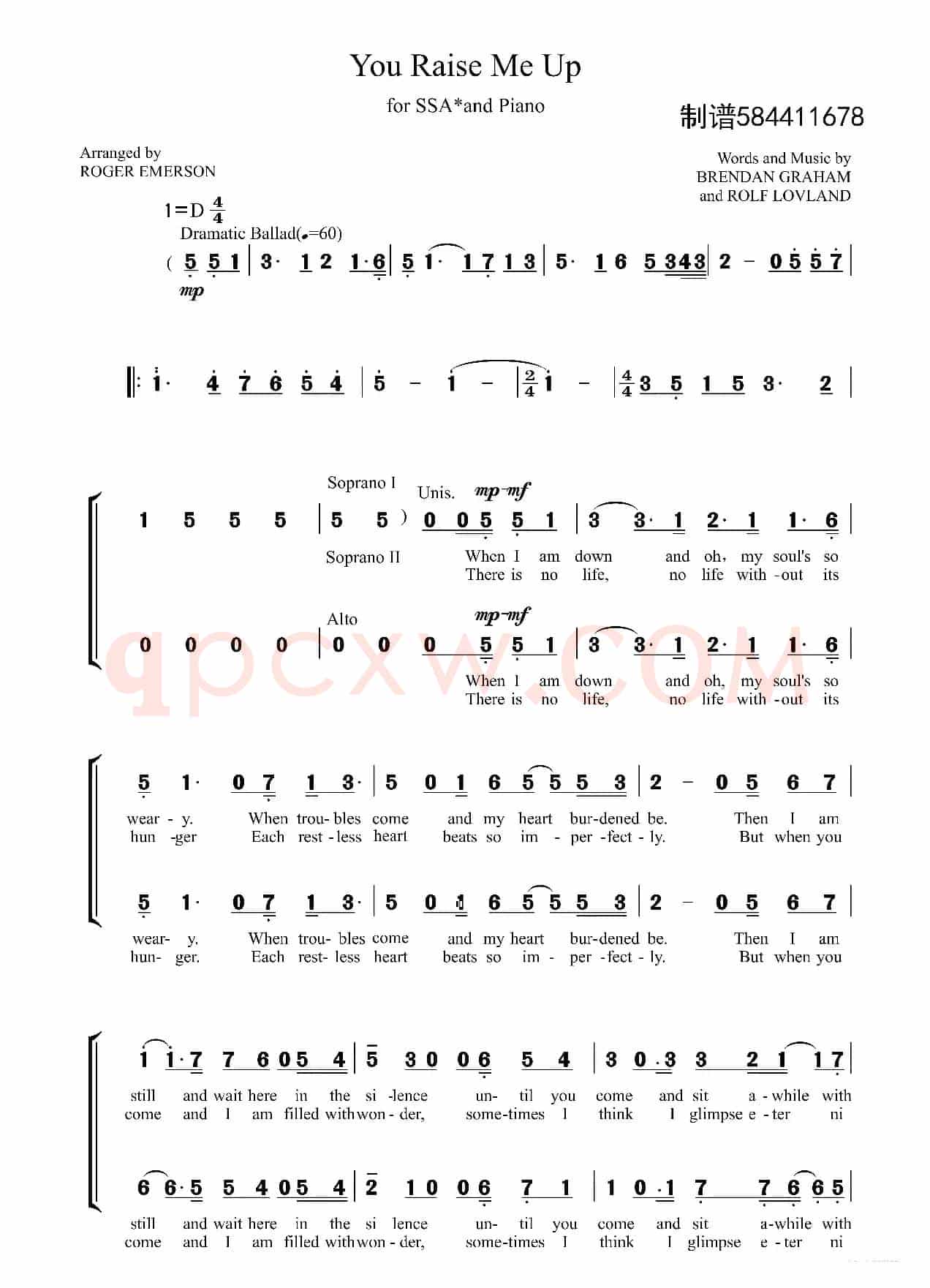You Raise Me Up合唱谱（女声合唱SSA）