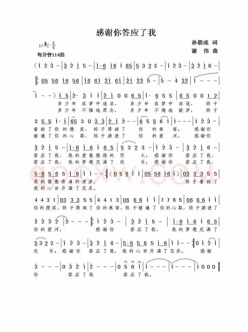 感谢你答应了我（孙朝成词  谢伟曲）