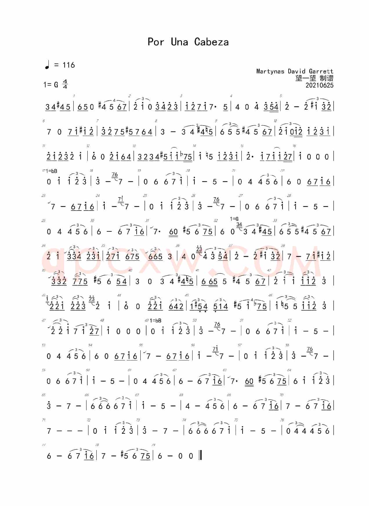 Por Una Cabeza 一步之遥 G → Bb 首调简谱