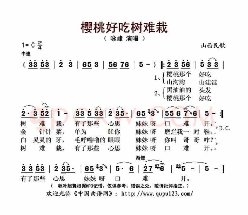 樱桃好吃树难栽（陕西民歌、咏峰演唱版本）