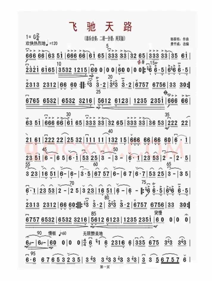 飞驰天路（器乐合奏：二胡（—）分谱：两页版）