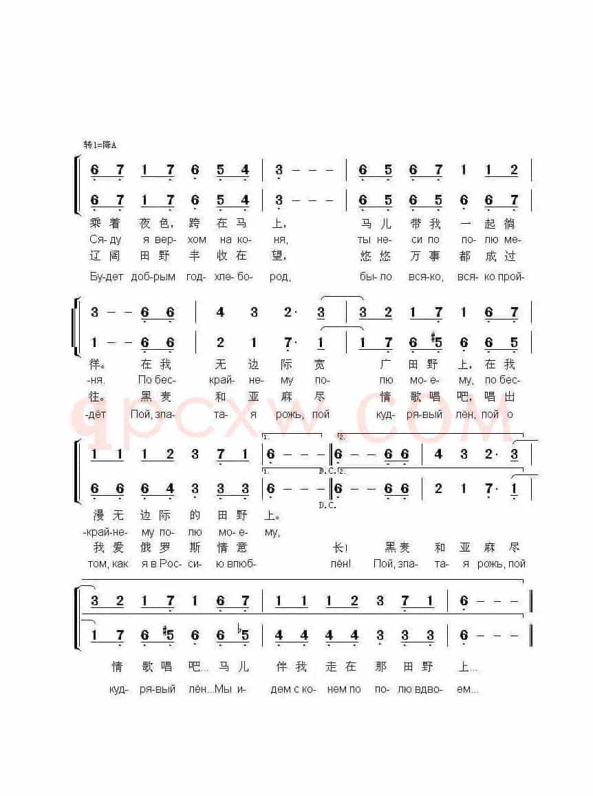 马儿Конь（中俄简谱）