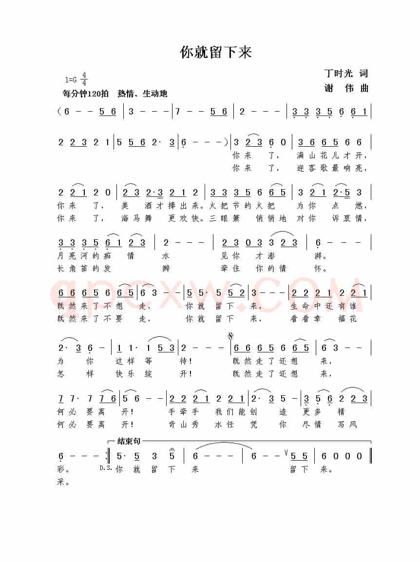 你就留下来（丁时光词  谢伟曲）