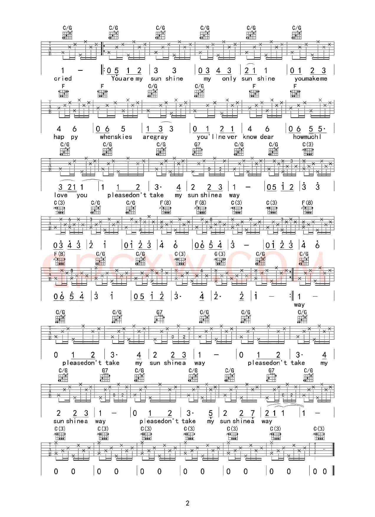 You are my sunshine（吉他六线谱）