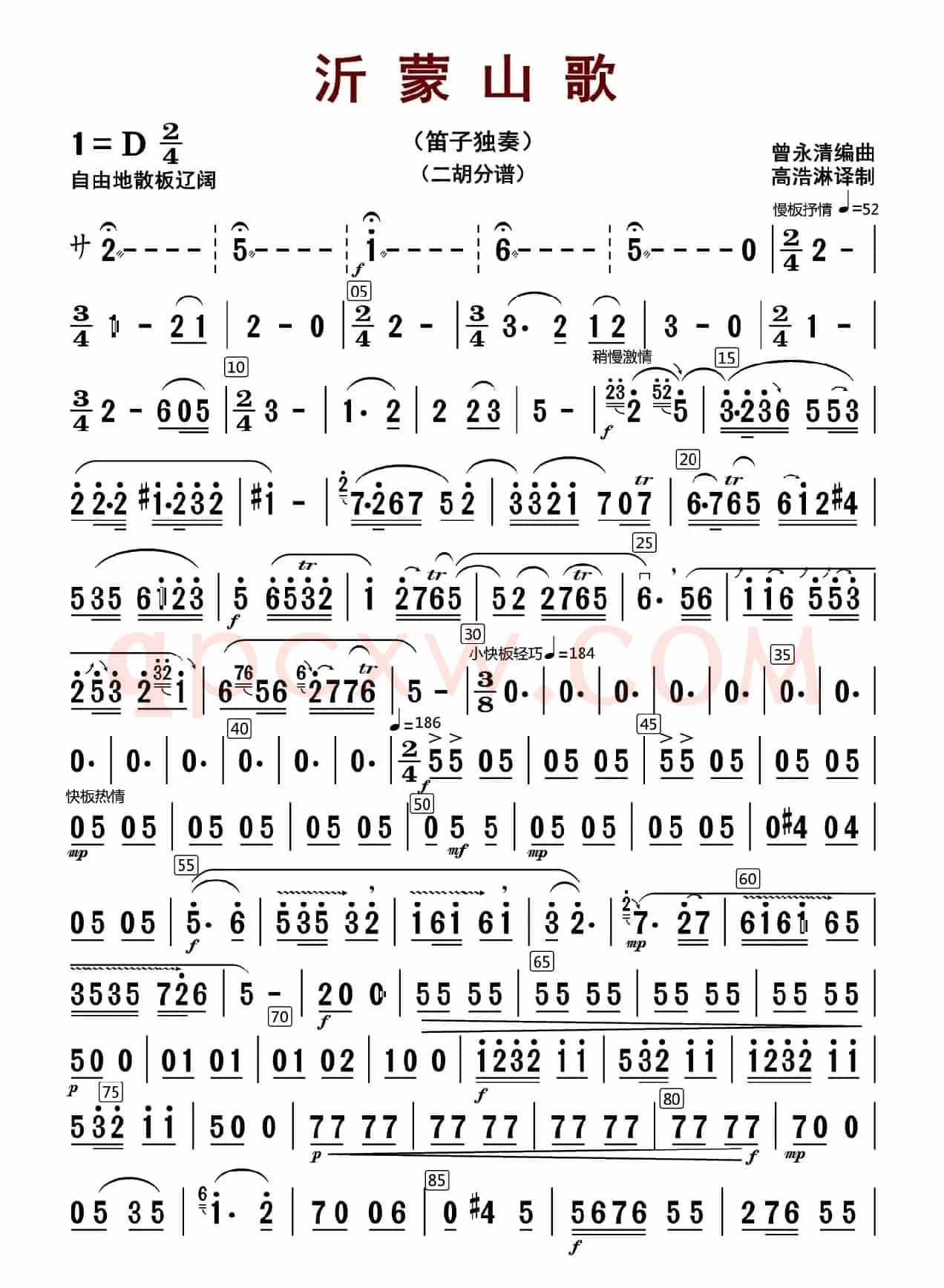 沂蒙山歌（笛子独奏+乐队伴奏二胡分谱）