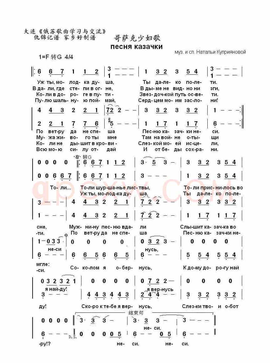 哥萨克少妇歌песня казачки（中俄简谱）