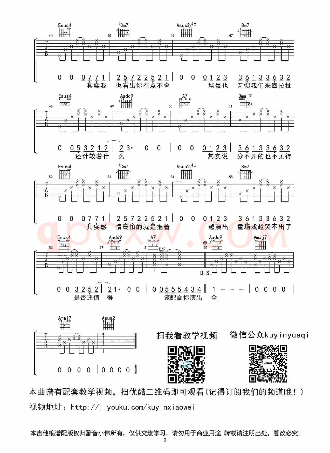 演员(薛之谦A调指法吉他谱)(酷音小伟编配)