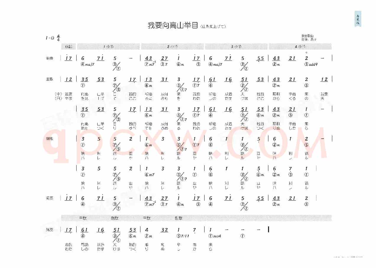 我要向高山举目(简和谱)