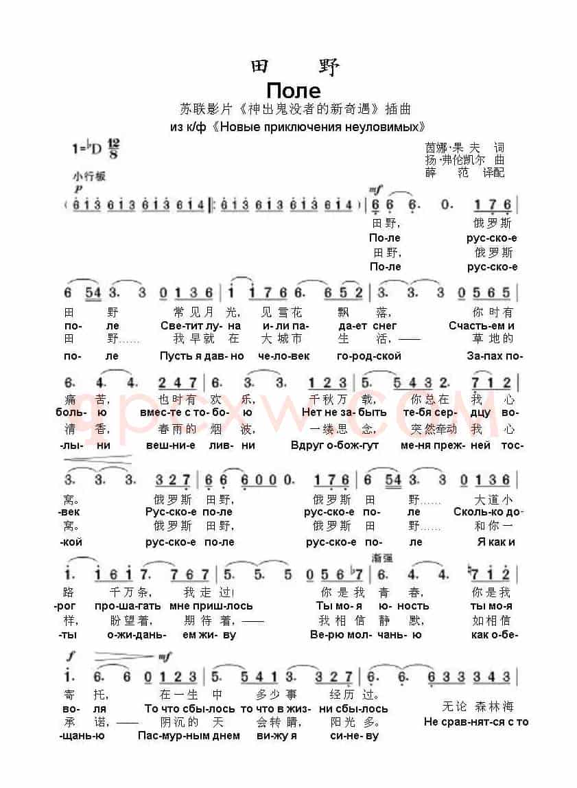 田  野Поле русское поле[俄罗斯的田野]（中俄简谱）