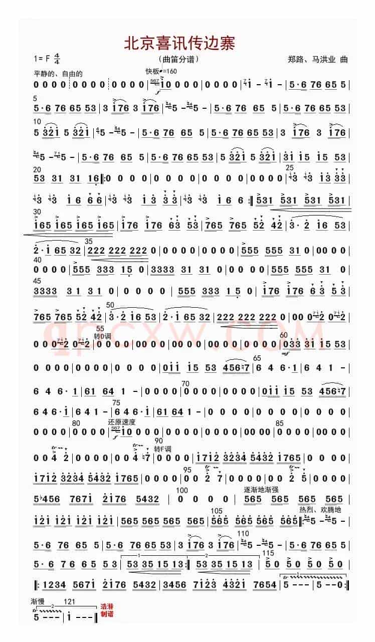 北京喜讯到边寨（曲笛分谱）