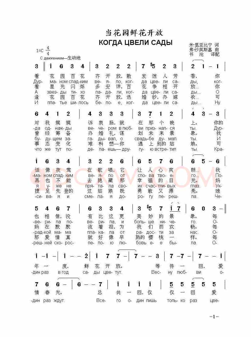 当花园鲜花开放 КОГДА ЦВЕЛИ САДЫ（中俄简谱）