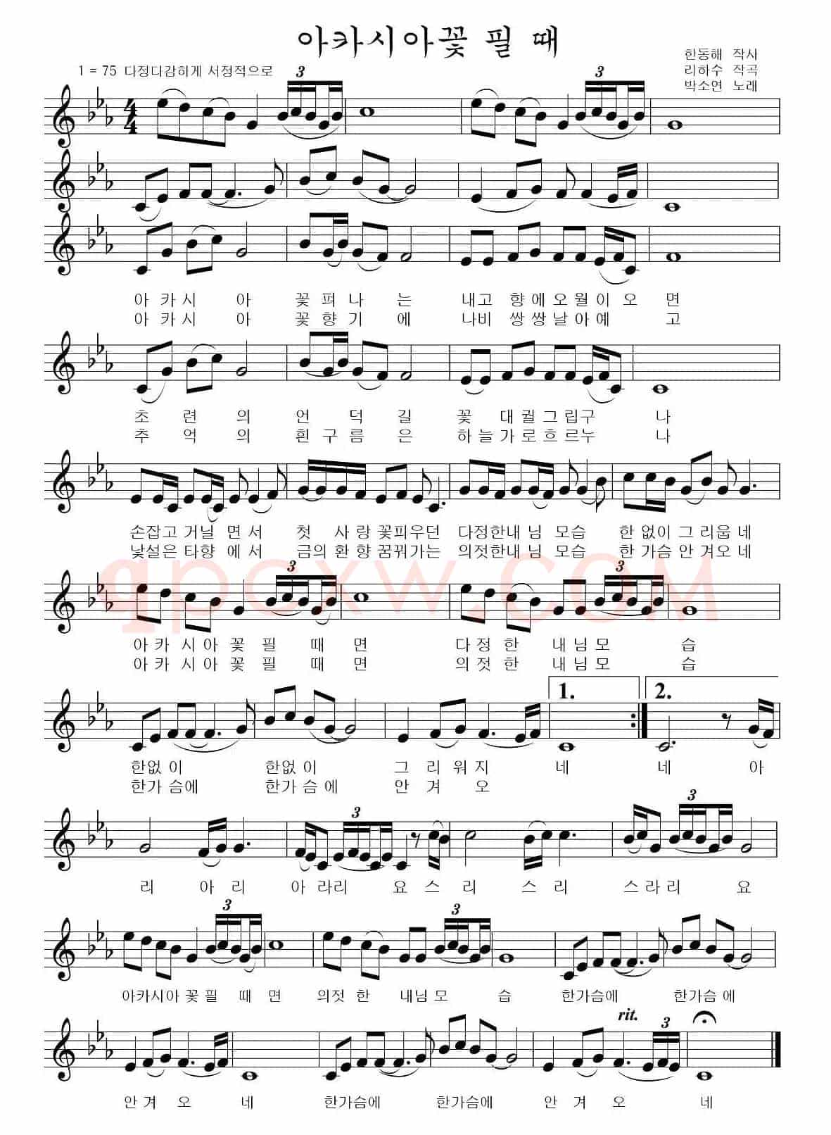 槐花盛开的时候 （朝鲜族文、五线谱）