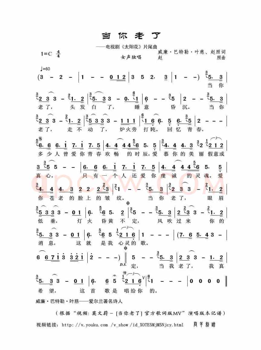当你老了（威廉·巴特勒·叶慈、赵照词 赵照曲）