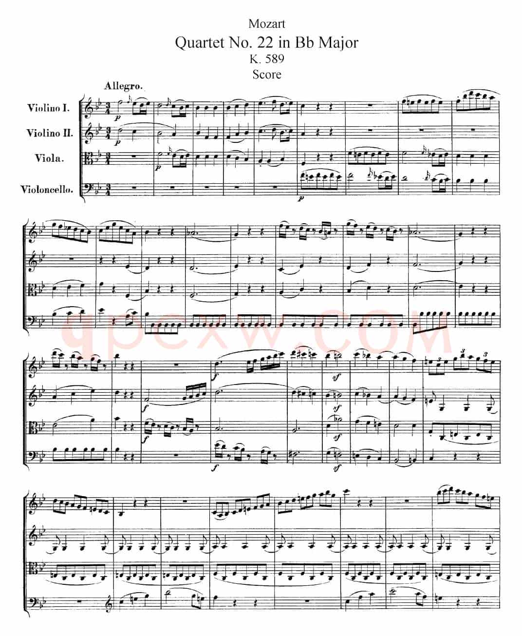 Mozart《Quartet No.22 in Bb Major，K.589》（总谱）