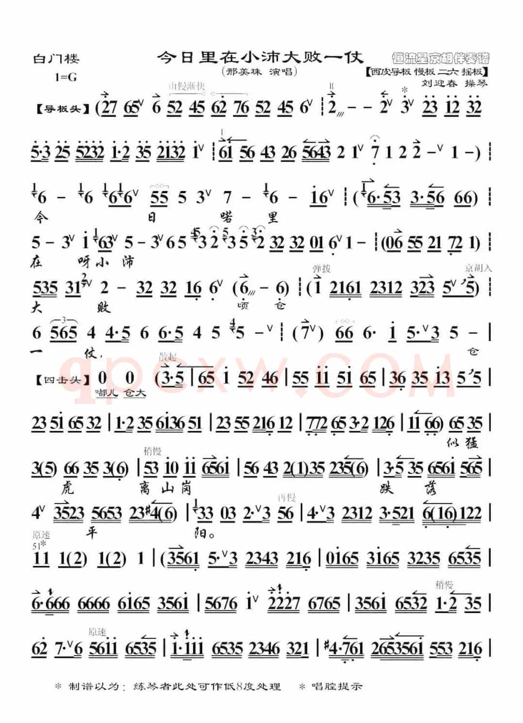 今日里在小沛大败一仗（《白门楼》选段、琴谱）