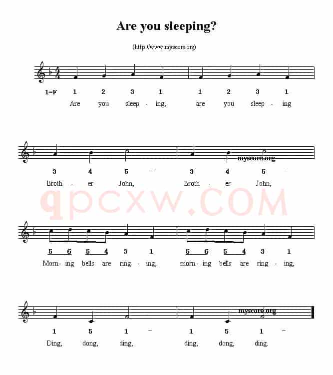 Are you sleeping？（线简谱混排版、英文儿歌）
