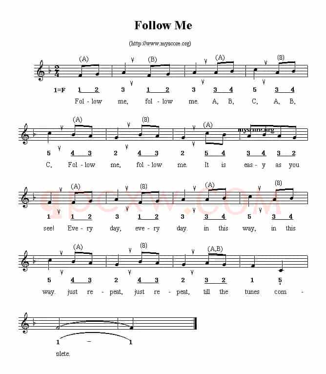 Follow me（线简谱混排版、英文儿歌）