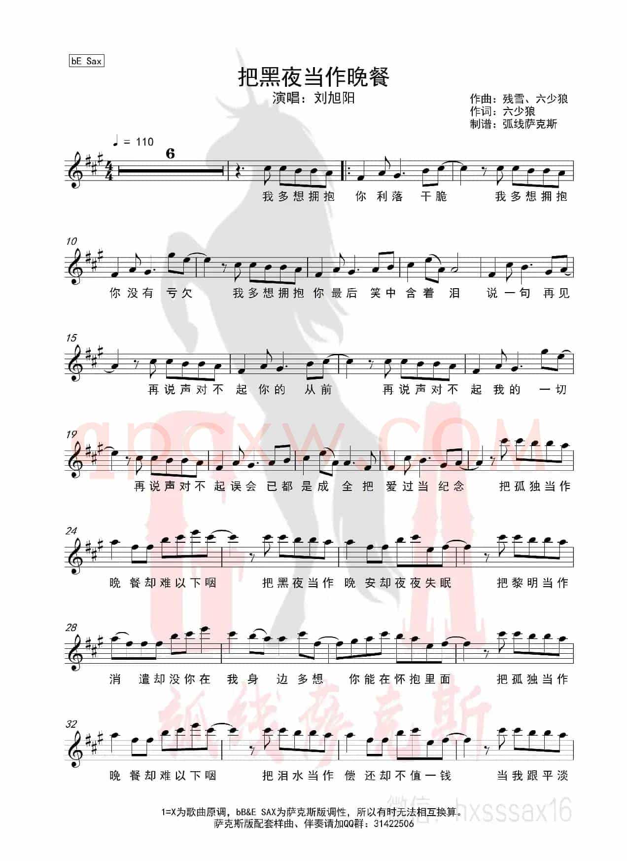 把黑夜当作晚餐（简谱&萨克斯五线谱）