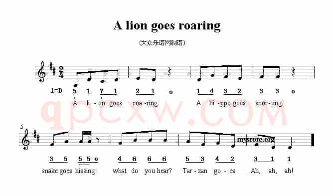 A lion goes roaring（英文儿歌、五线谱）