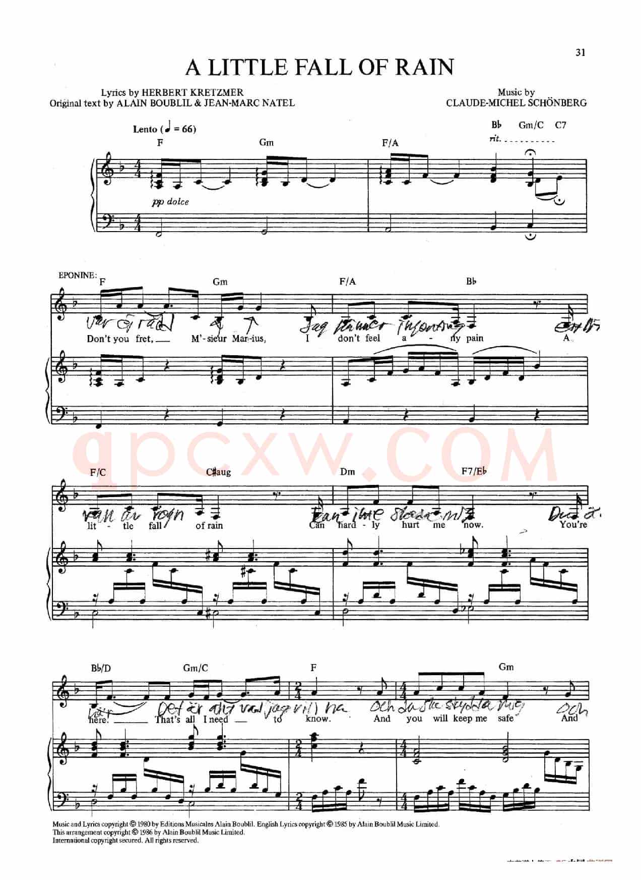 A Little Fall of Rain(音乐剧《悲惨世界》(Les Miserables)选曲、正谱 )