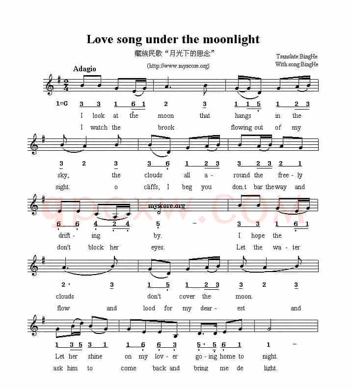 Love song under the moonlight（月光下的思念）（英译中文歌曲、线简谱混）
