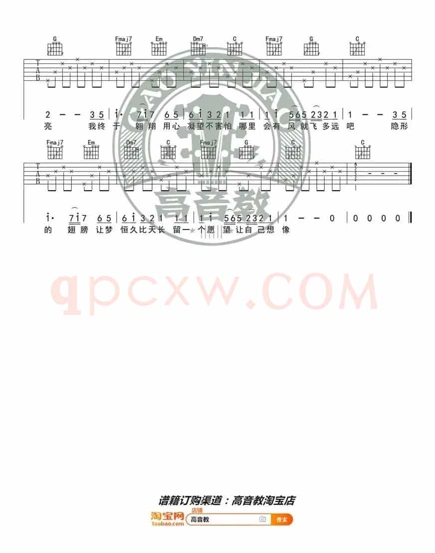 《隐形的翅膀》吉他谱C调入门版 高音教编配 猴哥吉他教学