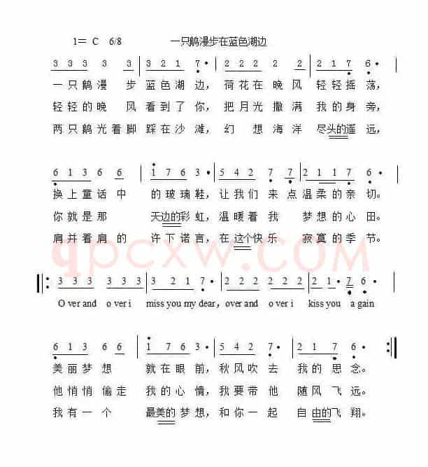 一只鹅漫步蓝色湖边