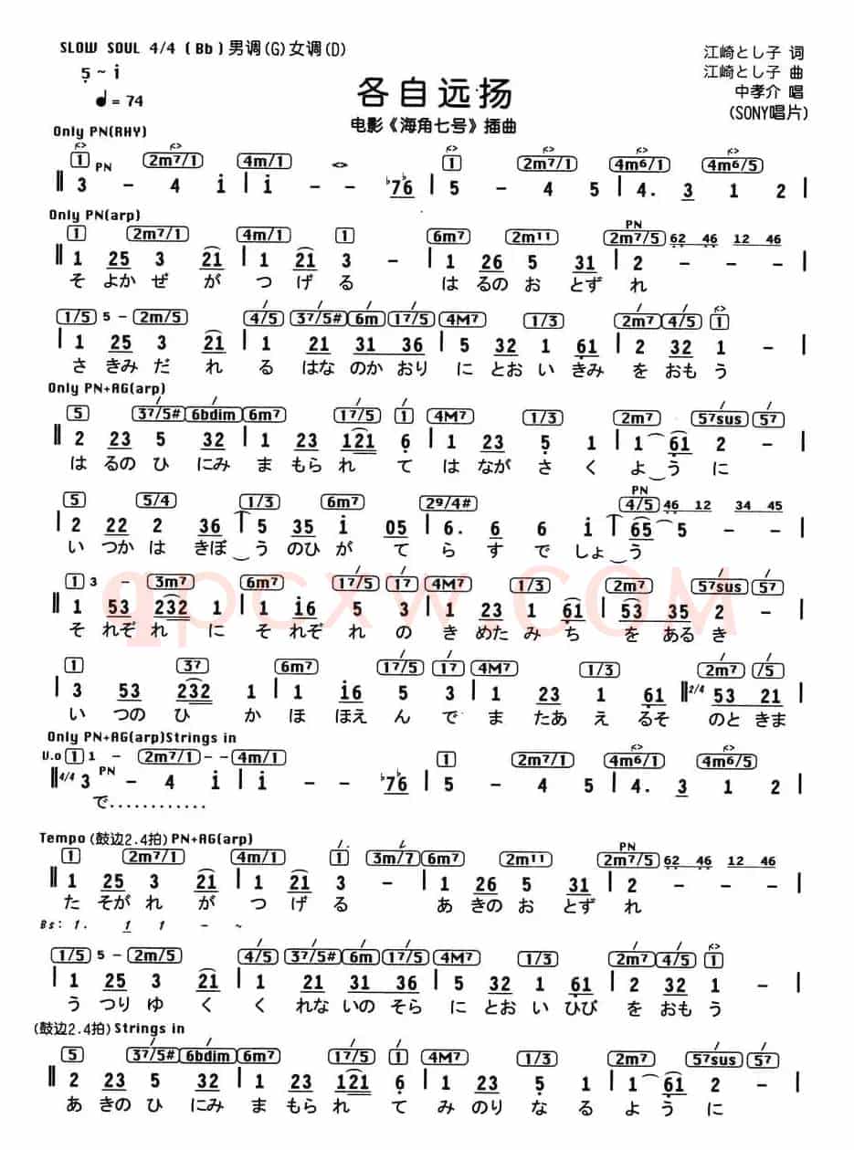 各自远扬（电影《海角七号》插曲、编配乐谱 [日]）
