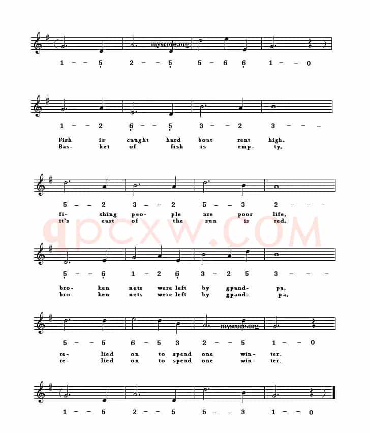 Song of the fisherman（渔光曲）（英译中文歌曲、线简谱混排版）