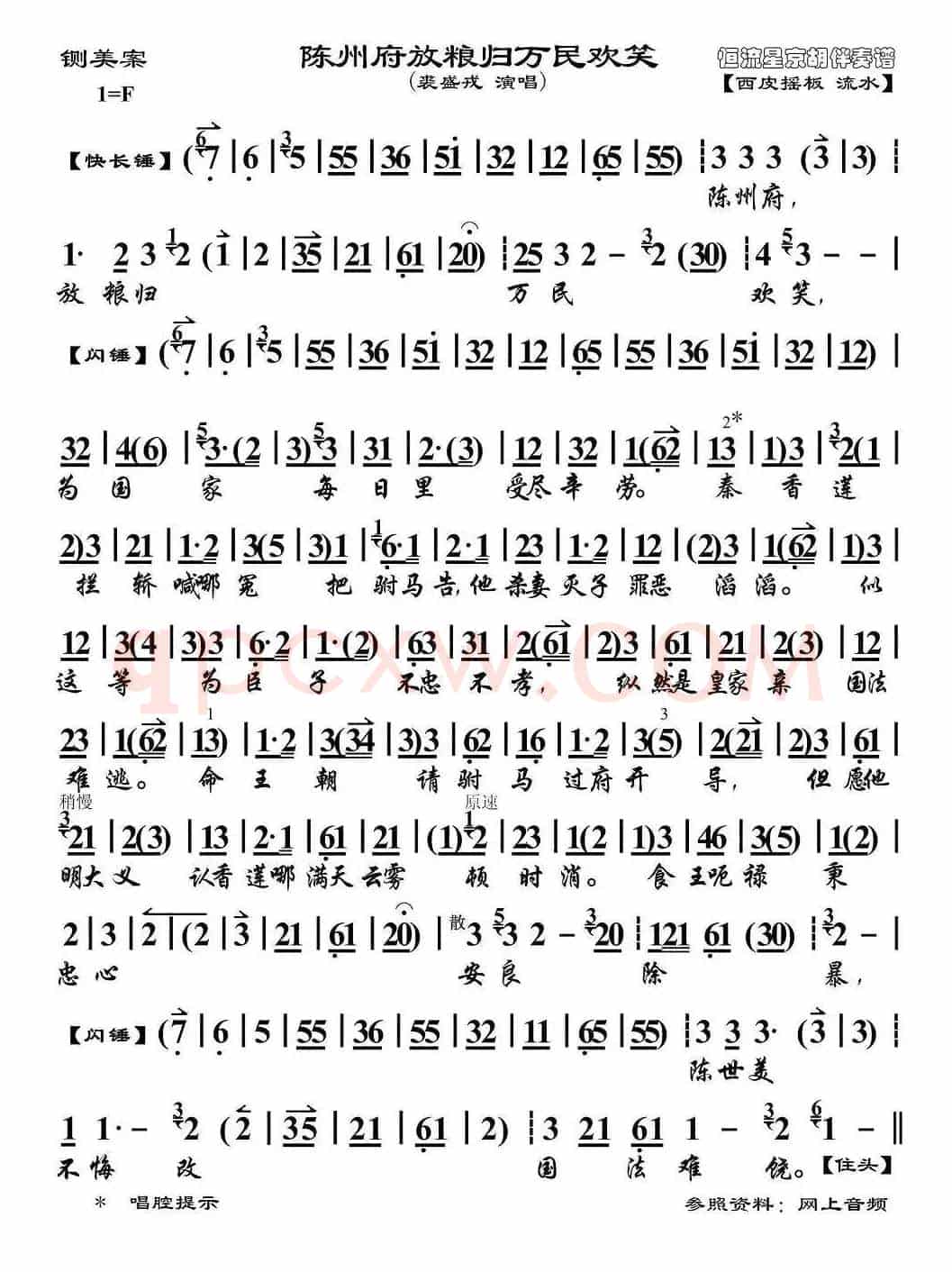 陈州府放粮归万民欢笑（《铡美案》选段、琴谱、裘盛戎版）