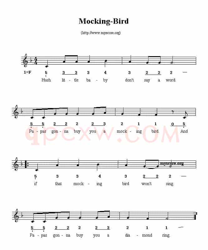Mocking-bird（线简谱混排版、英文儿歌）