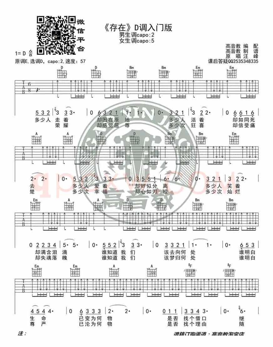 汪峰《存在》吉他谱D调入门版 高音教编配 猴哥吉他教学
