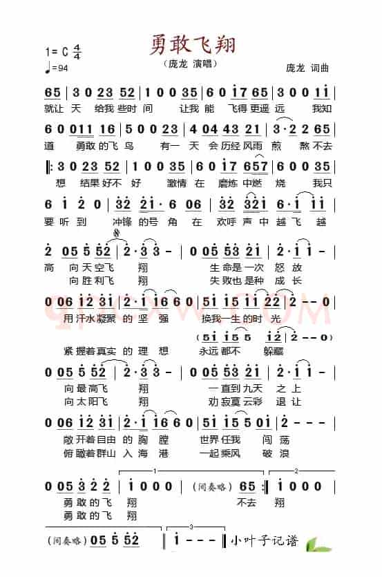 勇敢飞翔（庞龙 词曲）