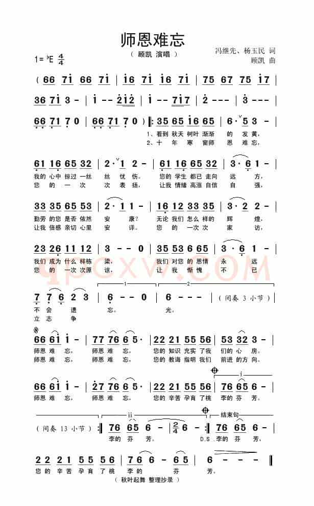 师恩难忘（冯继先词 顾凯曲）