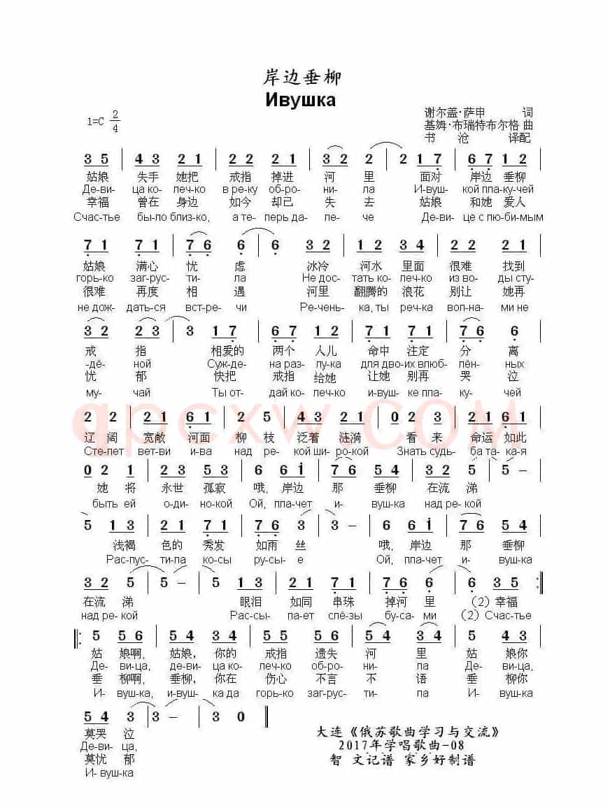岸边垂柳 Ивушка（中俄简谱）