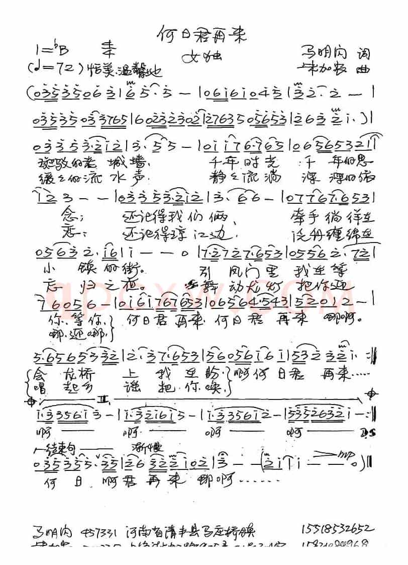 何日君再来（马明闪词 朱加农曲）