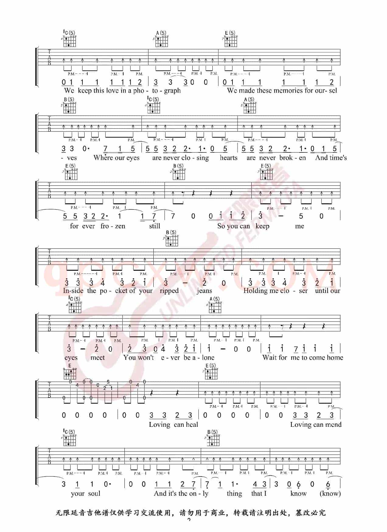 Ed Sheeran黄老板 Photograph 原版吉他谱 弹唱六线谱(无限延音编配)