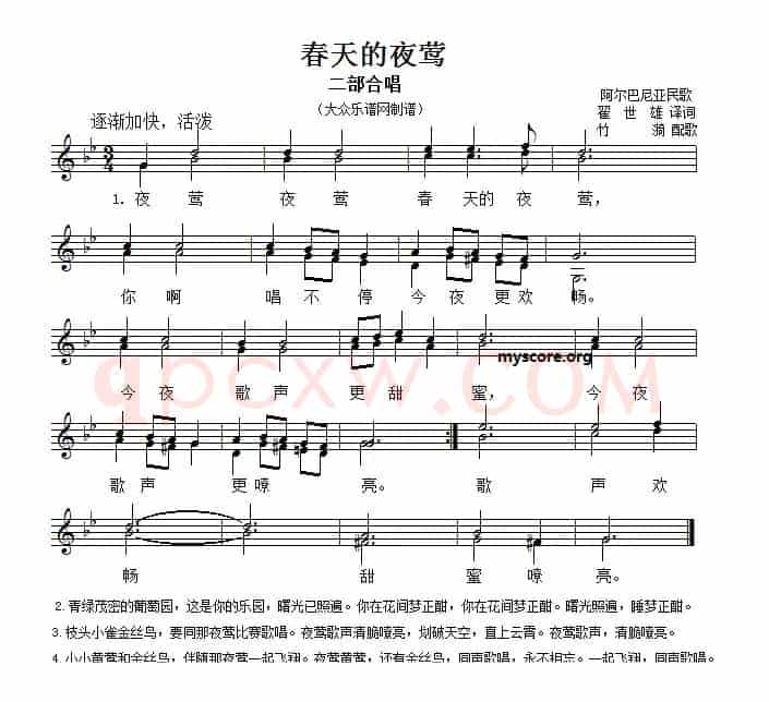 [阿尔巴尼亚]春天的夜莺（二声部、五线谱）