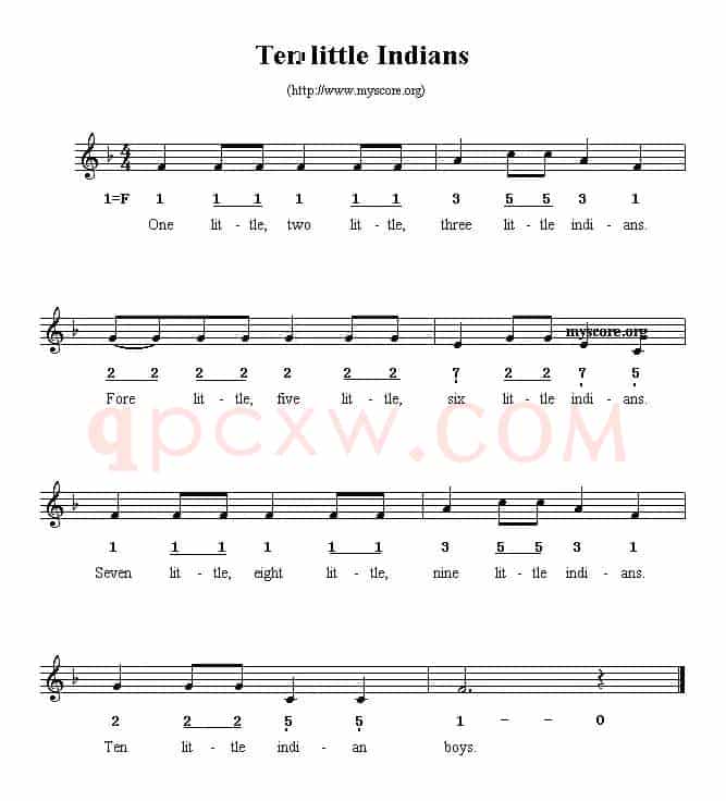 Ten little Indians（线简谱混排版、英文儿歌）