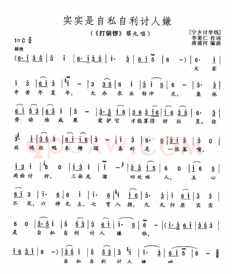 实实是自私自利讨人嫌（《打铜锣》蔡九唱段）