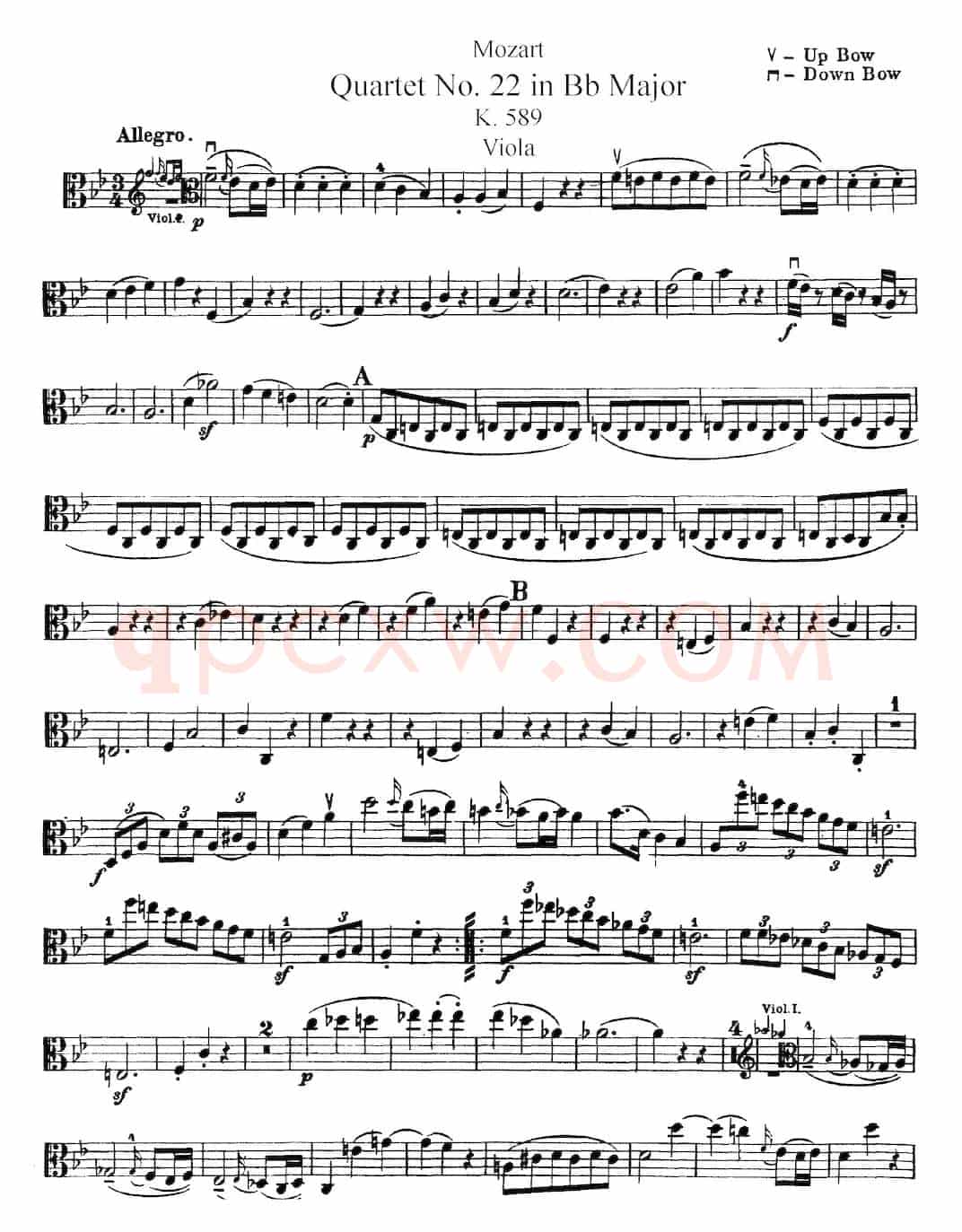 Mozart《Quartet No.22 in Bb Major，K.589》（Viola分谱）