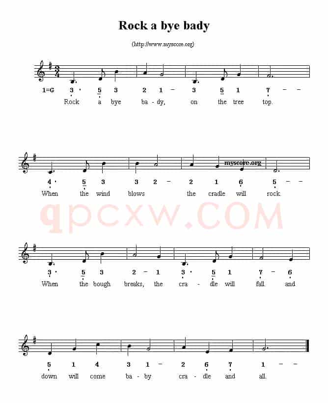 Rock a bye bady（线简谱混排版、英文儿歌）