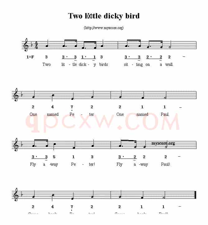 Two little dicky birds(线简谱混排版、英文儿歌)