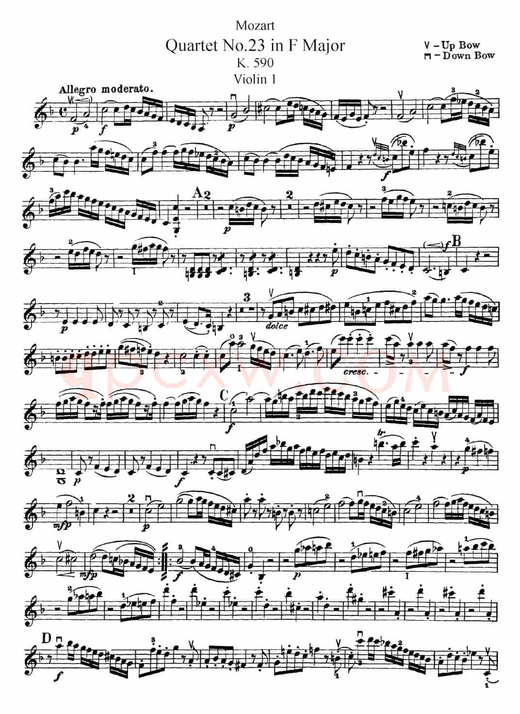 Mozart《Quartet No.23 in F Major，K.590》（Violin 1分谱）