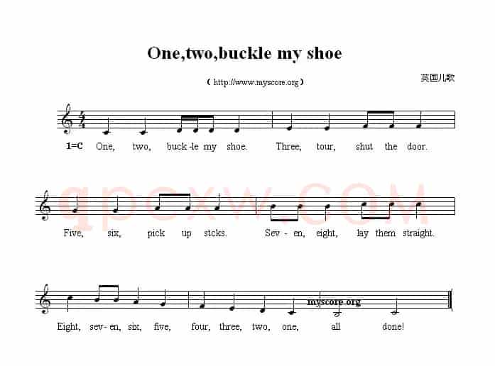 One,two,buckle my shoe （英文儿歌、五线谱）