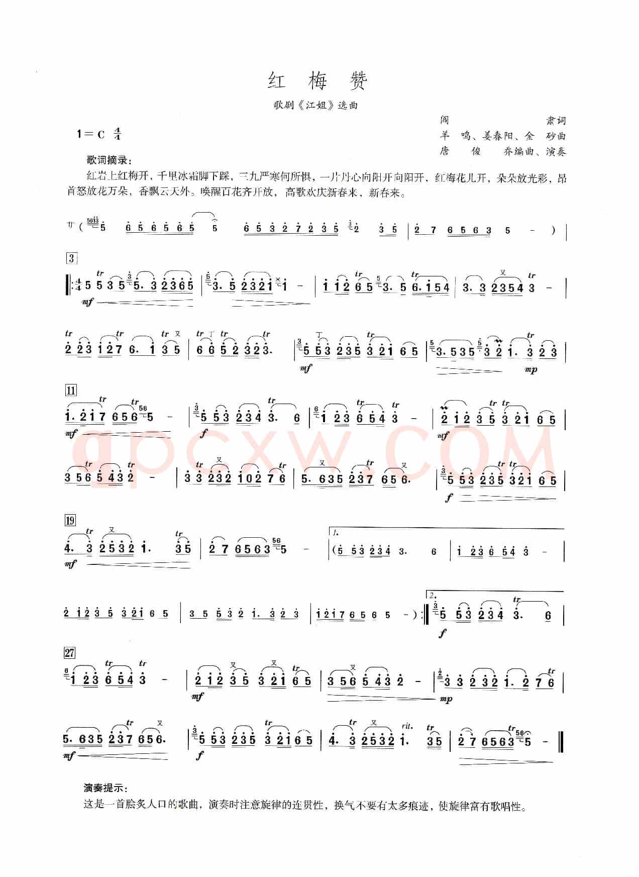 红梅赞（笛子演奏提示版）
