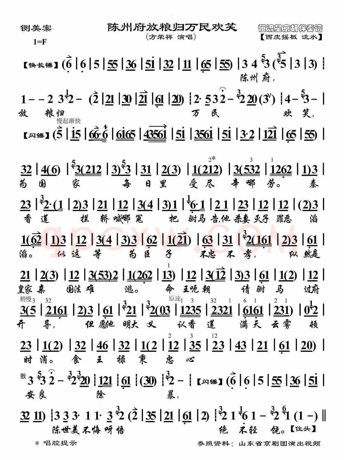 陈州府放粮归万民欢笑（《铡美案》选段、琴谱、方荣祥版）